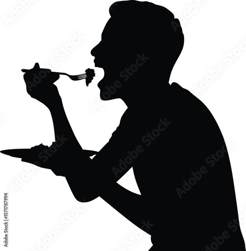Silhouette of Man Eating with Fork – Black Vector Dining Illustration