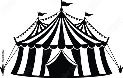 Silhouette of Circus Tent with Flags – Black Vector Carnival Illustration
