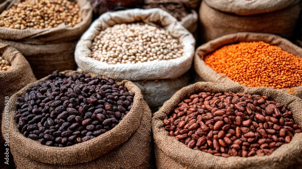 Fototapeta premium Bags of various beans and lentils