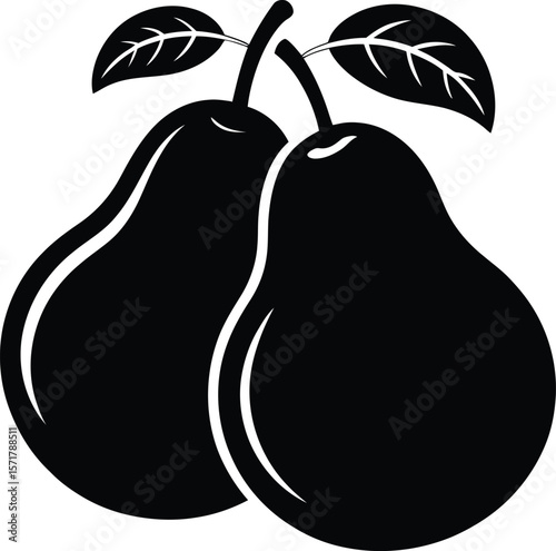 Silhouette of Two Pears with Leaves – Black Vector Fruit Illustration