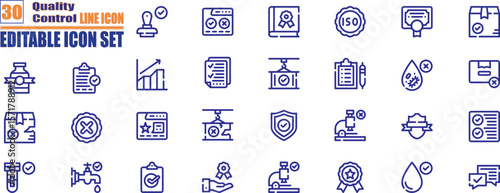 Quality control icon set. Containing inspection, evaluation, product, quality assurance, process, testing and more.
