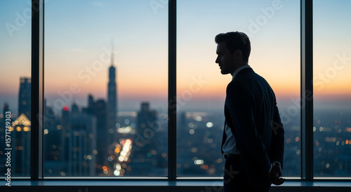 Businessman silhouette looking at city skyline at sunset