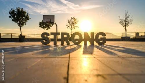 Stone Carved Letters “STRONG” on Rooftop Basketball Court