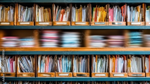Organized files in a wooden bookcase