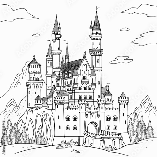 coloring page with a princess castle, a fairy-tale palace, a beautiful house, vector, black and white image