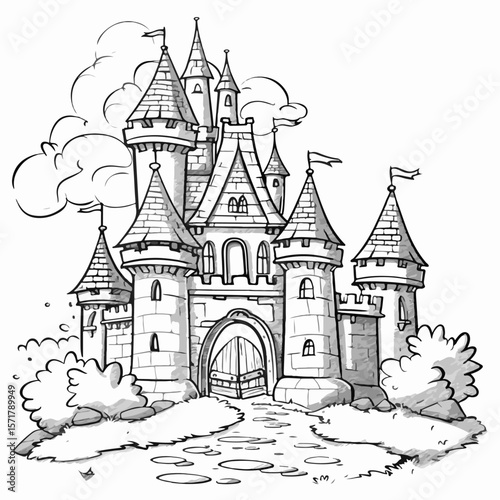 coloring page with a princess castle, a fairy-tale palace, a beautiful house, vector, black and white image