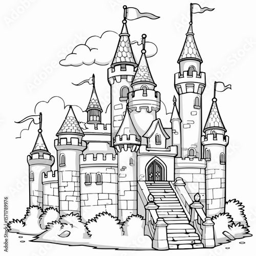 coloring page with a princess castle, a fairy-tale palace, a beautiful house, vector, black and white image