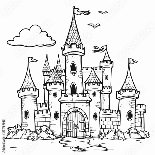 coloring page with a princess castle, a fairy-tale palace, a beautiful house, vector, black and white image