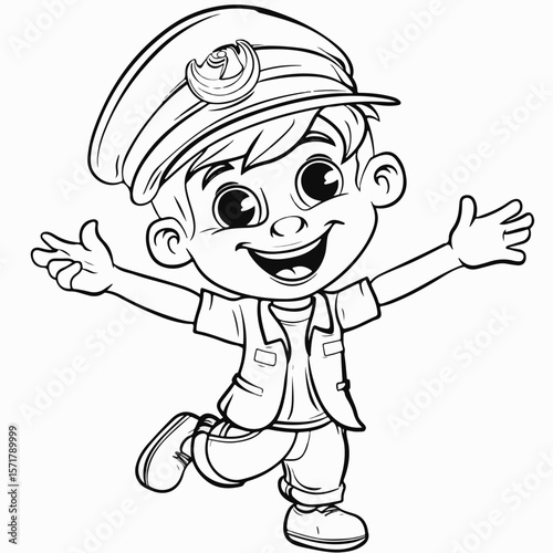 coloring page with a boy, vector black and white image, cartoon character, child