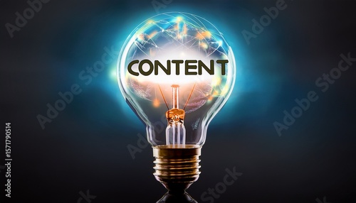 illuminated light bulb with the word content glowing symbolizing creative ideas and content creation