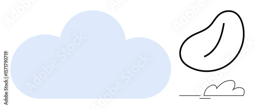 Large blue cloud with minimal outline paired with abstract bean shape and small cloud. Ideal for creativity, imagination, weather, abstract thinking, minimalism, modern design, harmony. Simple flat