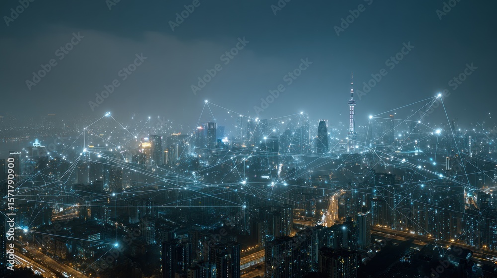Fototapeta premium City at night connected by digital lines
