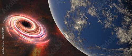 Fototapeta Naklejka Na Ścianę i Meble -  A vibrant black hole swirls at the center of the image, surrounded by a glowing, multicolored accretion disk. Elements of this illustration were furnished by NASA.