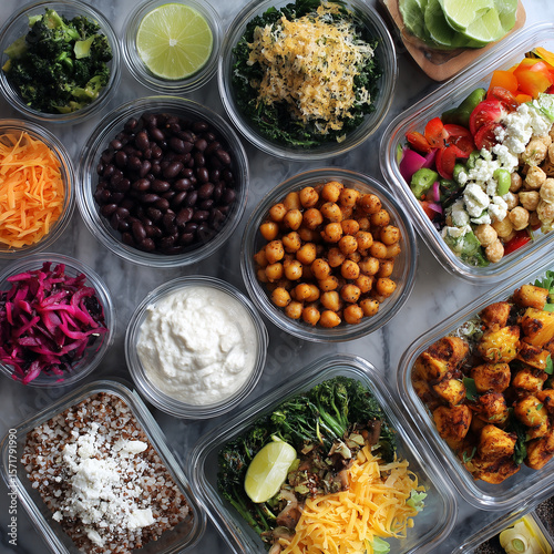 Colorful plant-based meal-prep flat lay