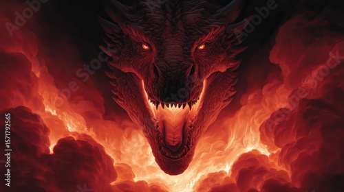 A ferocious dragon with glowing red eyes and sharp teeth emerges from fiery flames, embodying mythical power and raw strength. Ideal for fantasy and adventure themes.