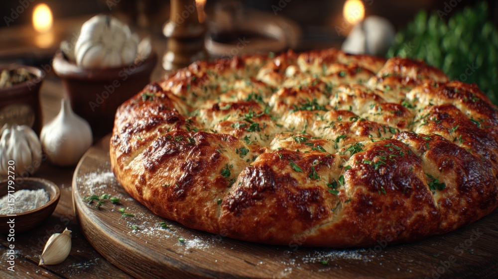 Fototapeta premium Freshly baked focaccia bread with herbs and cheese on a rustic board, surrounded by garlic and spices, creating a cozy, inviting culinary scene.