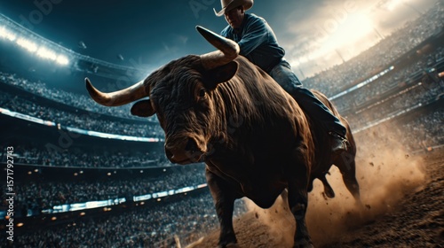 Cowboy riding a bull in an intense rodeo event in a packed outdoor stadium under a dramatic sky, capturing the thrill and energy of the sport.