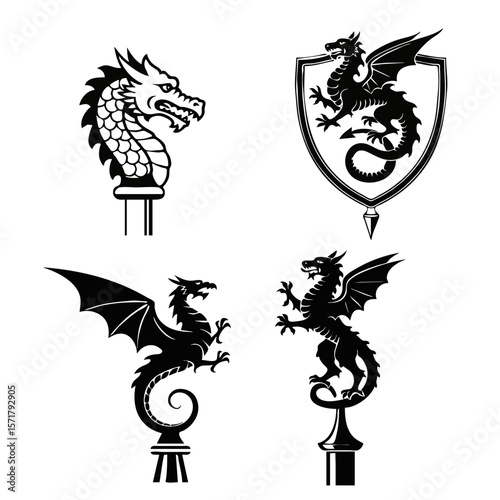  Set of 4 vector icons: flagpole finials — wyvern and dragon facing each other with spread wings, heraldic dragon inside shield with curled tail, dragon head, vector isolated icons