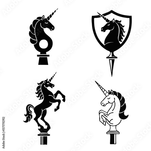 Set of 4 vector icons of flagpole finials : Unicorn silhouette illustrations in various poses and styles  