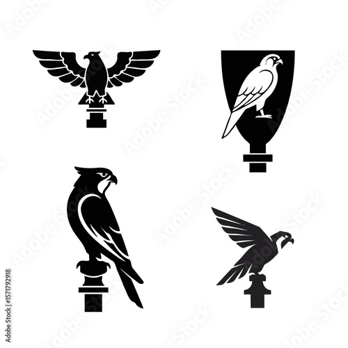  Set of 4 vector icons of flagpole finials — eagle with spread wings, falcon inside shield, falcon perched on flagpole searching for prey, peregrine falcon taking off, vector isolated icons