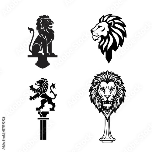Set of 4 vector icons: flagpole finials — heraldic lions, sitting, lion head profile, lion face, rampant lion with raised paws, vector isolated icons