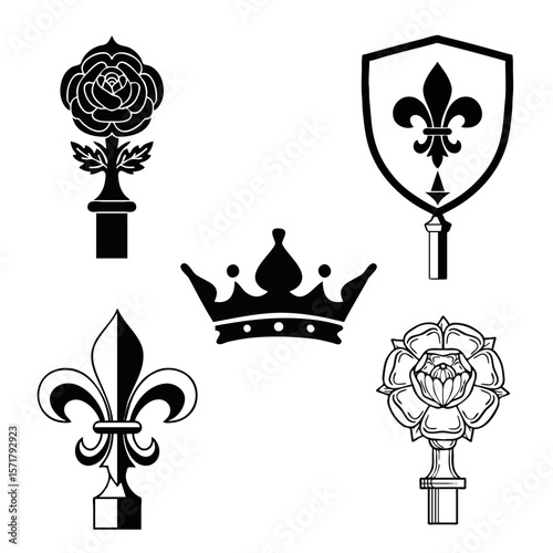 Set of 5 vector icons: flagpole finials — crown, two heraldic fleur-de-lis and two roses, vector isolated icons