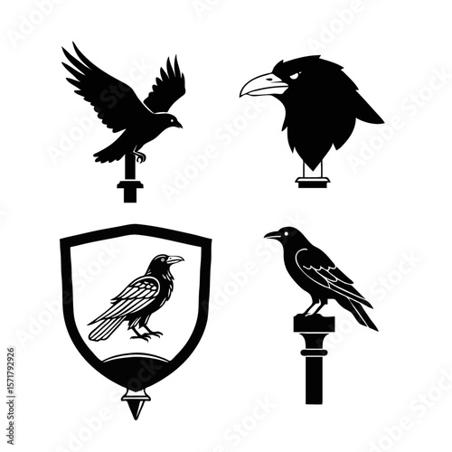  Set of 4 vector icons: flagpole finials with ravens — head, spread wings, perched raven, raven inside shield, vector isolated icons