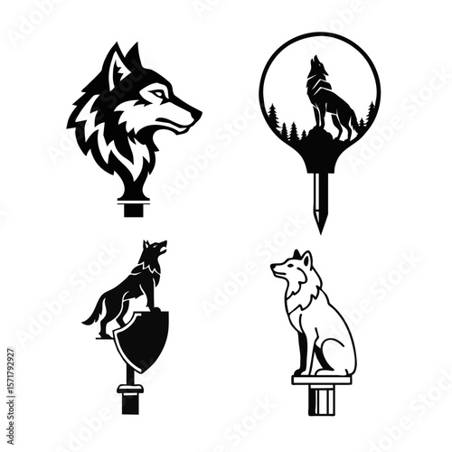 Set of 4 vector icons showing flagpole finials with wolves — wolf head, howling wolf in circle, wolf leaning on shield, sitting white wolf, vector isolated icons
