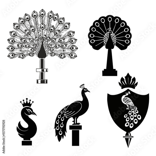 Set of 5 vector isolated icons the tops of the flagpoles are a peacock with a loose tail, a black silhouette of a peacock, a peacock in a crown, on the side with a lowered tail, inside a shield.