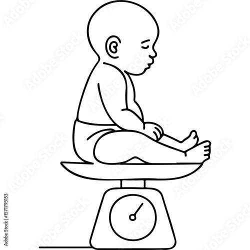 Baby sitting on scale while being weighed for health measurement  