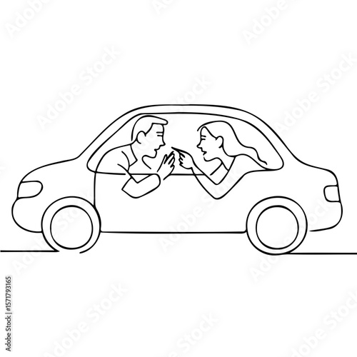 Couple arguing inside a parked car in a minimalist line art style  