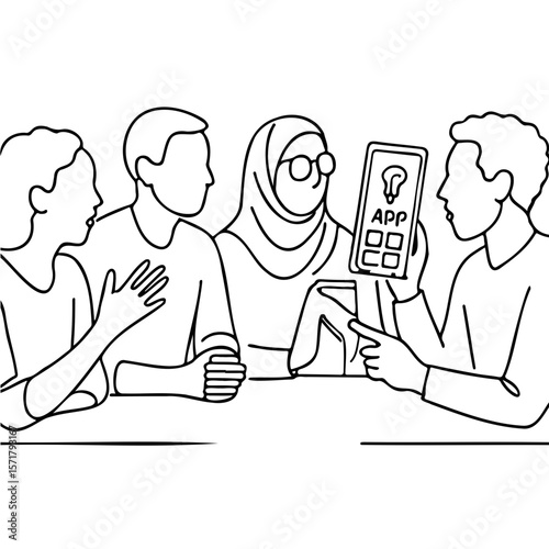 Diverse team discussing app idea with digital mockup at table  