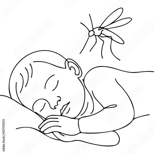 Sleeping baby with mosquito hovering above in simple line art  