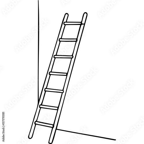 Wooden ladder leaning against wall in simple line drawing style  
