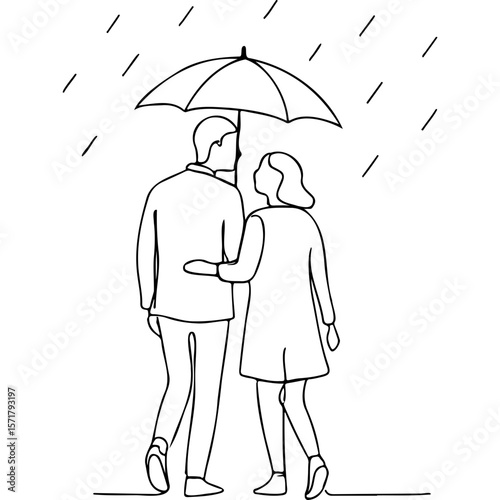 Couple walking together under an umbrella in the rain  