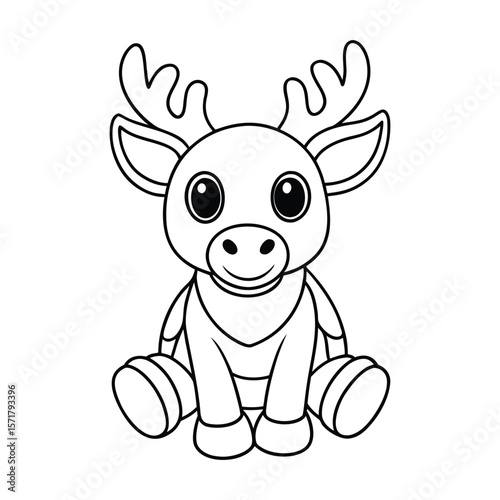 A baby moose sitting with legs stretched for kids coloring book vector illustration.
