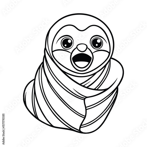 A baby sloth wrapped in a blanket yawning for kids coloring book vector illustration.