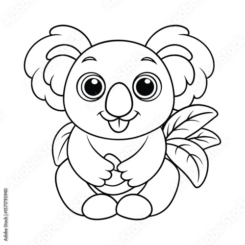 A chubby koala munching on a leaf for kids coloring book vector illustration.