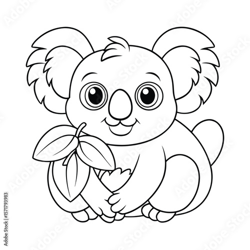 A chubby koala munching on a leaf for kids coloring book vector illustration.