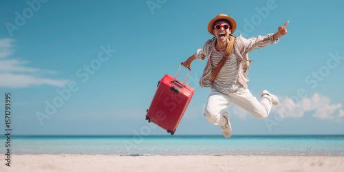 An ecstatic traveler with a red suitcase jumps with joy on a beautiful beach. Perfect for themes of vacation, adventure, happiness, and summer travel.
