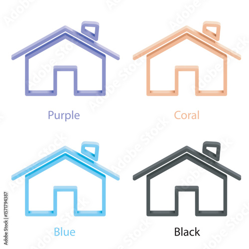 Minimalist 3d line icon set with the Home symbol. Color variants: purple, coral, blue and black. The icons are perfect for UI, apps, websites, presentations. Clean lines and soft plasticity.