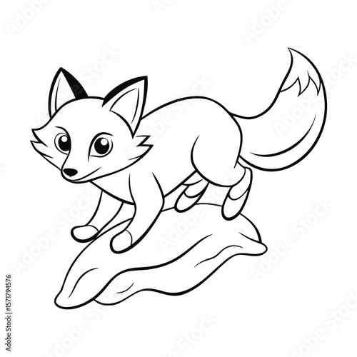 A small fox leaping over a rock for kids coloring book vector illustration.