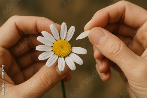 Petal Plucking: A tender moment unfolds as fingers delicately pluck the petals of a daisy, a symbol of hope, uncertainty and love. Capturing the gentle essence of nature and youthful innocence.