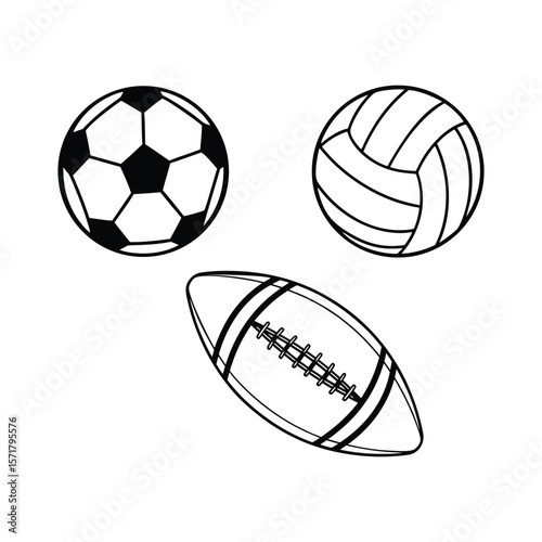 Soccer volleyball and rugby ball vector icons set illustration