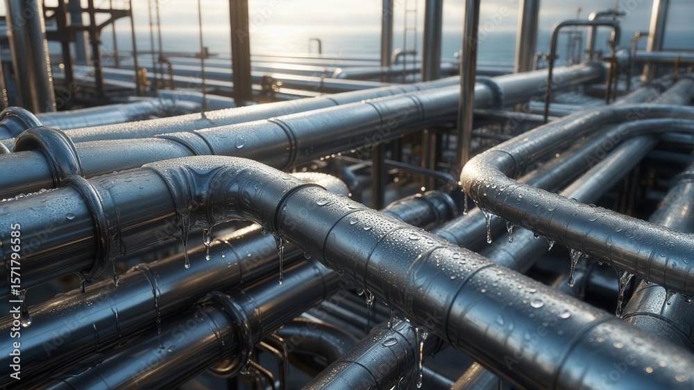 A close-up view of a complex network of shiny, metallic industrial pipes and conduits, suggesting a vast and intricate manufacturing or processing facility. Concept of industrial infrastructure A close-up view of a complex network of shiny, metallic industrial pipes and conduits, suggesting a vast and intricate manufacturing or processing facility. Concept of industrial infrastructure