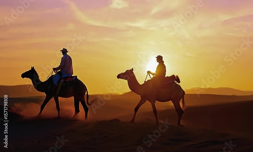Silhouette of Arabian Rider on Camel at Sunset