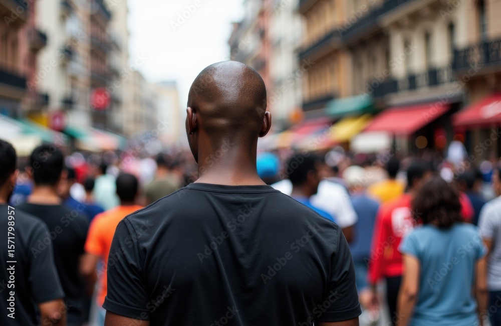 Fototapeta premium Man with shaved head standing in busy urban street with crowd and colorful storefronts