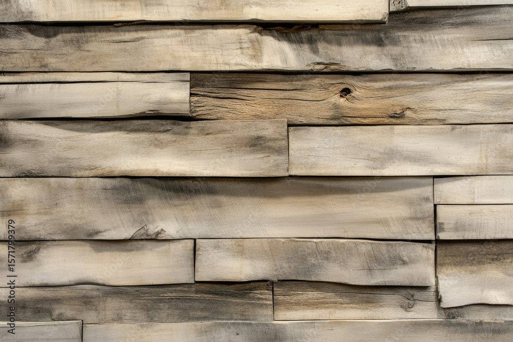 Naklejka premium A close-up shot of a wall made of irregular and rustic light brown wooden planks of varying sizes.