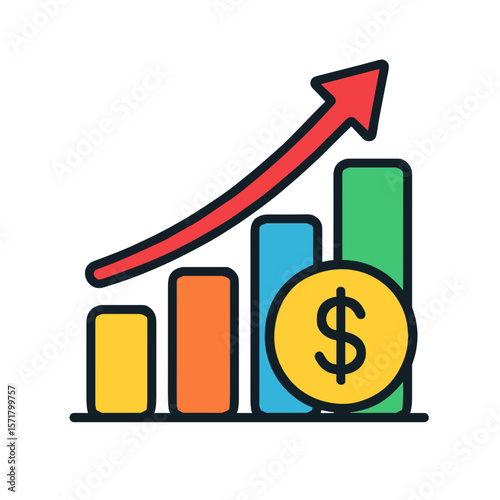 Colorful bar chart with dollar sign and red arrow indicating financial growth
