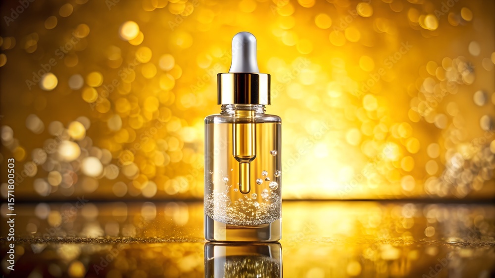 Naklejka premium Glass dropper bottle with golden liquid on a glowing golden background 